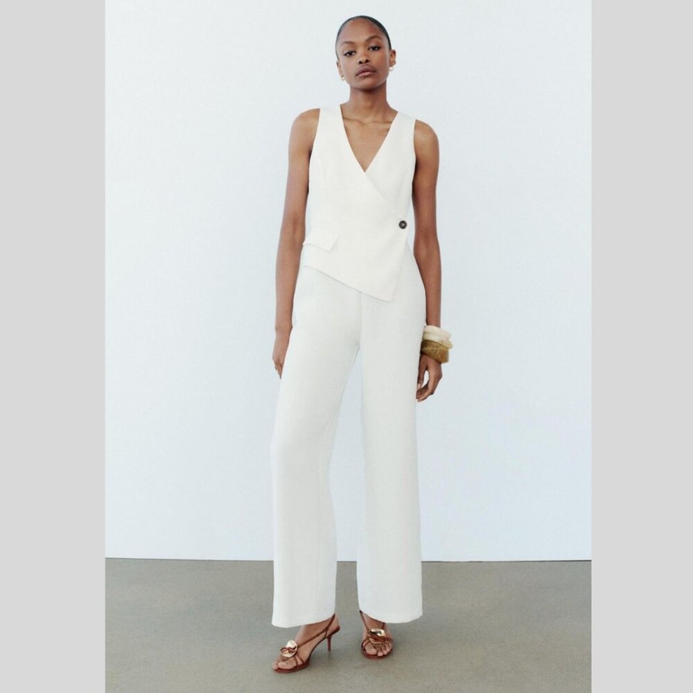 ZARA with Asymmetric Crepe Vest Jumpsuit Ecru - Picture 1 of 11